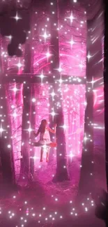 Magical forest with pink glowing lights and stars, evoking a dreamy fantasy scene.