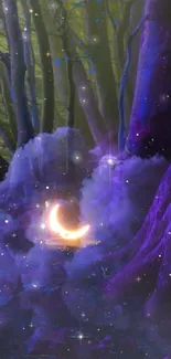 Magical forest with crescent moon and purple hues.