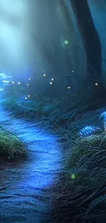 Magical forest path with glowing lights and a serene blue ambiance.