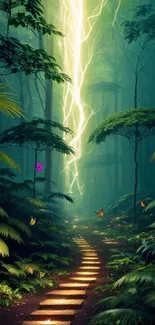 Magical forest path with lightning and butterflies.