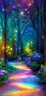 Colorful magical forest path with glowing lights and mystical atmosphere.