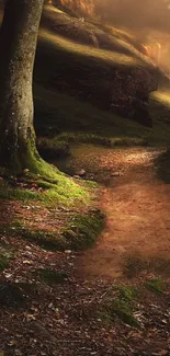 Magical forest path with sunlight and greenery.