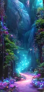 Magical forest path with neon lights in a mystical landscape phone wallpaper.