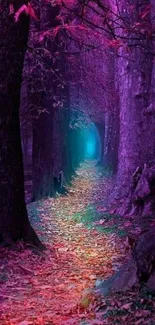 Magical forest path with purple hues and autumn leaves wallpaper.