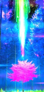 Enchanting wallpaper with a glowing pink tree and cosmic lights in a magical forest.