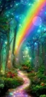 Magical forest scene with a rainbow and stars creating a fantasy atmosphere.