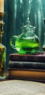 Magical scene with books, potions, and a forest background.