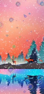 Magical forest wallpaper with deer, stars, and a colorful sky reflection.