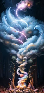 Ethereal colorful smoke art in a forest with a dark blue sky.