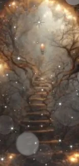 Mystical forest stairway with magical lights and stars, creating a fantasy ambiance.