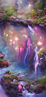 Magical forest stream with vibrant colors and ethereal lights.