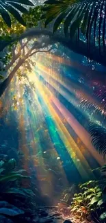 Magical forest with vibrant sunbeams penetrating through lush greenery.