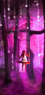 Girl on swing in a mystical pink forest with stars.