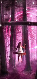 A girl on a swing in a mystical, purple-lit forest at night.