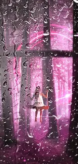 Enchanting forest wallpaper with pink aura and girl on swing.