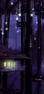 Treehouse village in a starry, magical forest night scene.