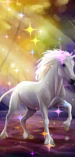 A graceful unicorn wanders in a sunlit purple forest, exuding a magical aura.