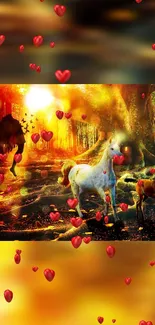 Magical forest with unicorns, floating hearts, and autumn colors.