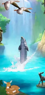 Magical forest with waterfall, dolphin, and wildlife.