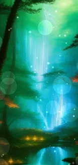 A mystical forest with a glowing blue waterfall.