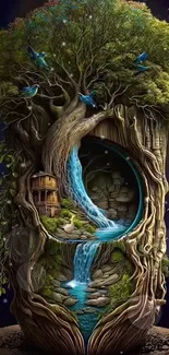 Magical tree art with waterfall and treehouse in forest design.