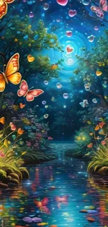 Vivid butterflies in an enchanted forest with a reflecting water stream.