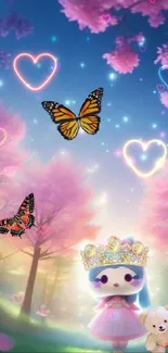 Whimsical pink forest with butterflies and a cute character.