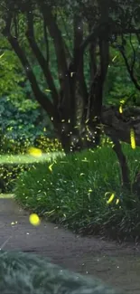 Serene forest path with glowing fireflies at dusk.