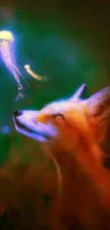 A fox looks up at a glowing jellyfish in a dark, mystical forest setting.