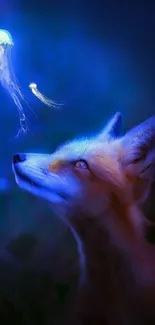 Curious fox gazing at glowing jellyfish in blue light.