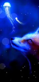 Fox gazing at glowing jellyfish in blue night.