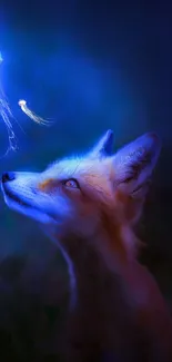 Fox looking at glowing jellyfish in a magical forest scene.