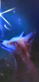 A fox gazing at a glowing firefly under a dark blue night sky.