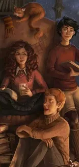 Magical friends reading in a cozy library setting.