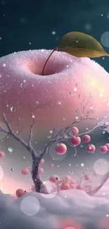 Mystical frosted apple with ethereal glow in a surreal design.