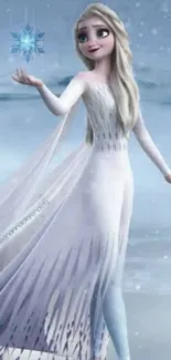 Frozen ice princess with magic in winter landscape.