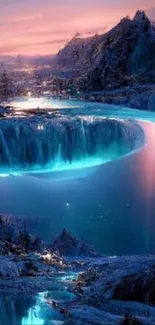 Magical frozen waterfall under a glowing pink sky.