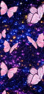 Pink butterflies with a galaxy and stars background.