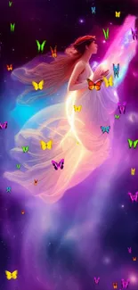 Whimsical fairy with butterflies in a vibrant galaxy background.