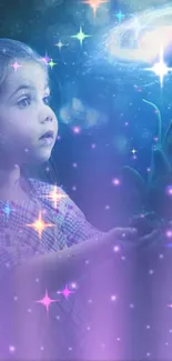 Young girl in galaxy scene with stars.