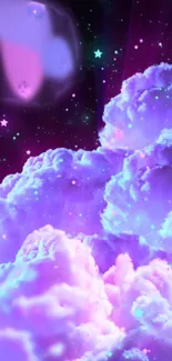 Glowing purple galaxy clouds with stars, creating a dreamy cosmic scene.