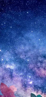 Magical galaxy wallpaper with fairies under a starry sky.