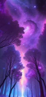 Magical forest with a galaxy sky in vibrant purple and blue hues.