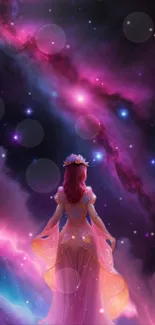 Princess in a cosmic galaxy with stars.