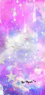 Whimsical pink and purple galaxy with sparkling stars wallpaper.