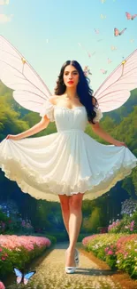 Enchanting garden fairy with wings and butterflies.