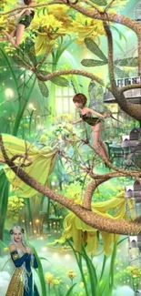 Fantasy wallpaper with fairies and queen in lush green garden.