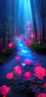 Enchanted garden path with glowing roses and blue ethereal light.