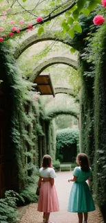 Two girls walking in a lush, green garden pathway with vibrant flowers.