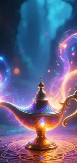 Magical genie lamp with colorful mystical auras.